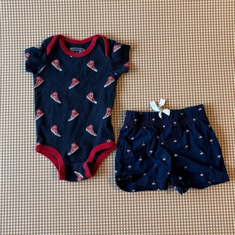 Bundle Converse Bodysuit high tops print + Carter’s shorts. 0-6 months. 3-6 mo